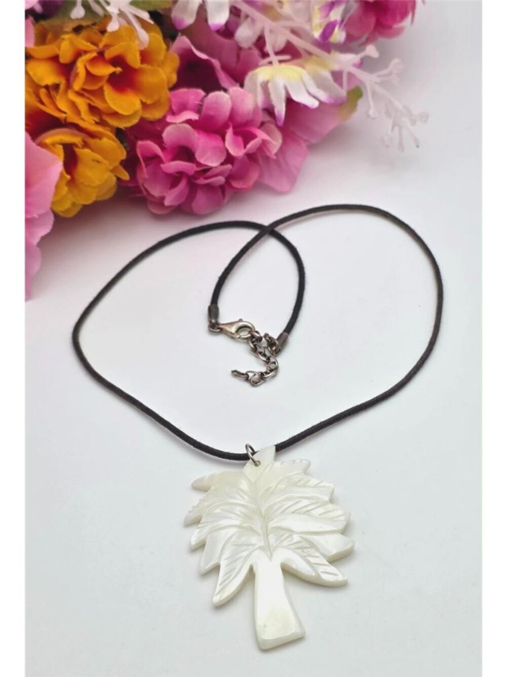 Mother of Pearl Palm Tree Pendant Necklace Black Cord Sterling Silver Clasp 18”